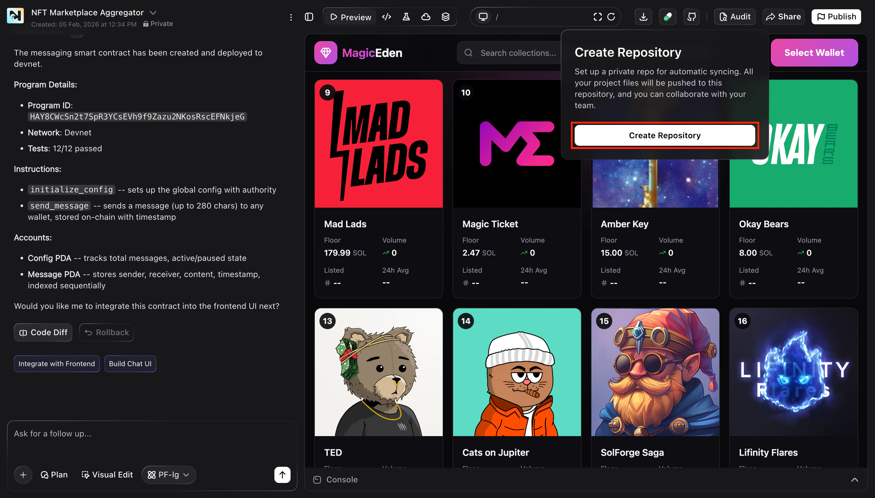 Create Repository prompt in the project toolbar