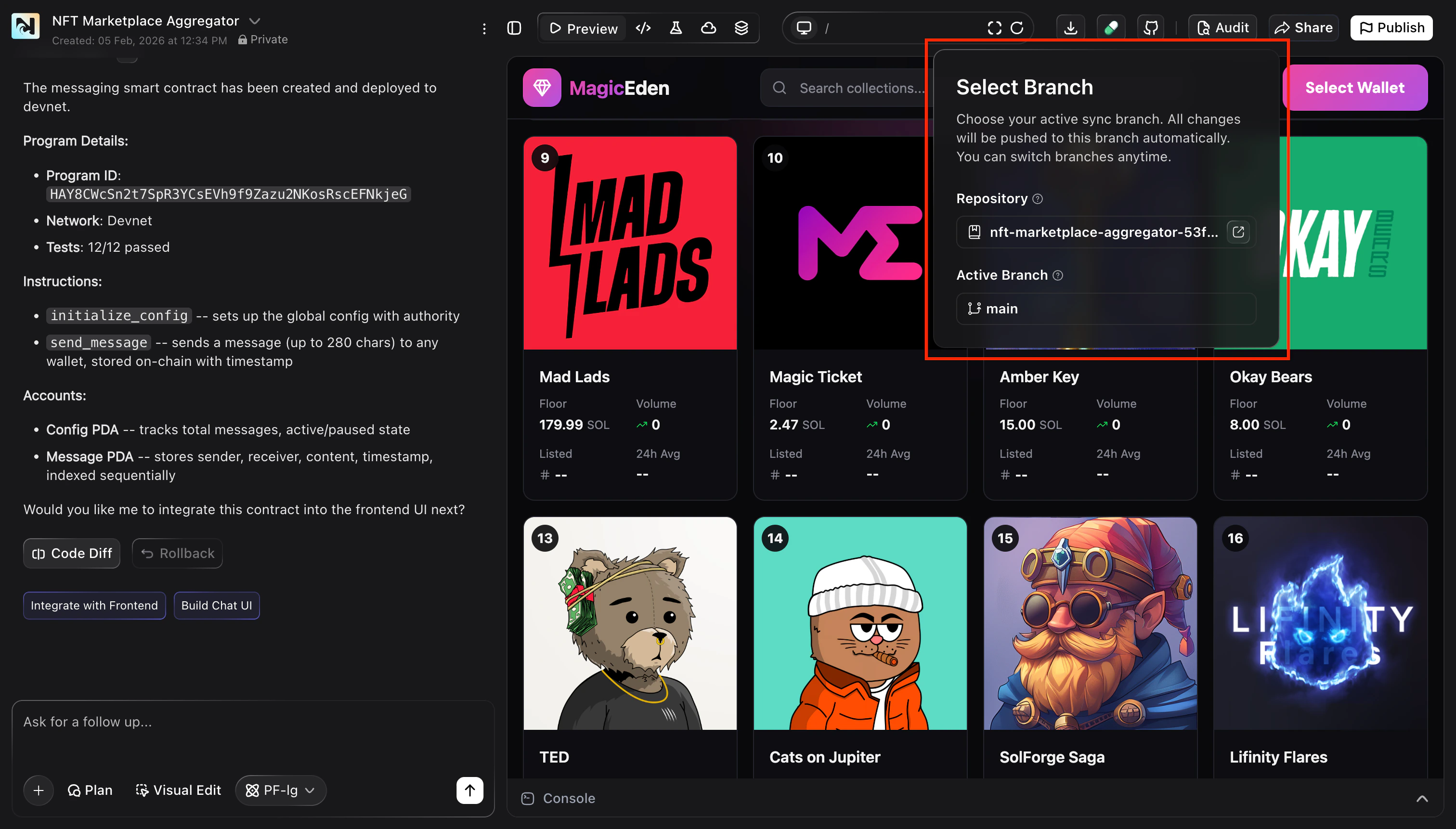 Select Branch dialog showing connected repository and active branch