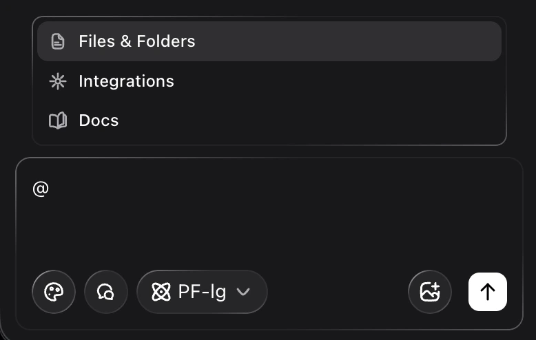 Mentions picker showing Files & Folders, Integrations, and Docs