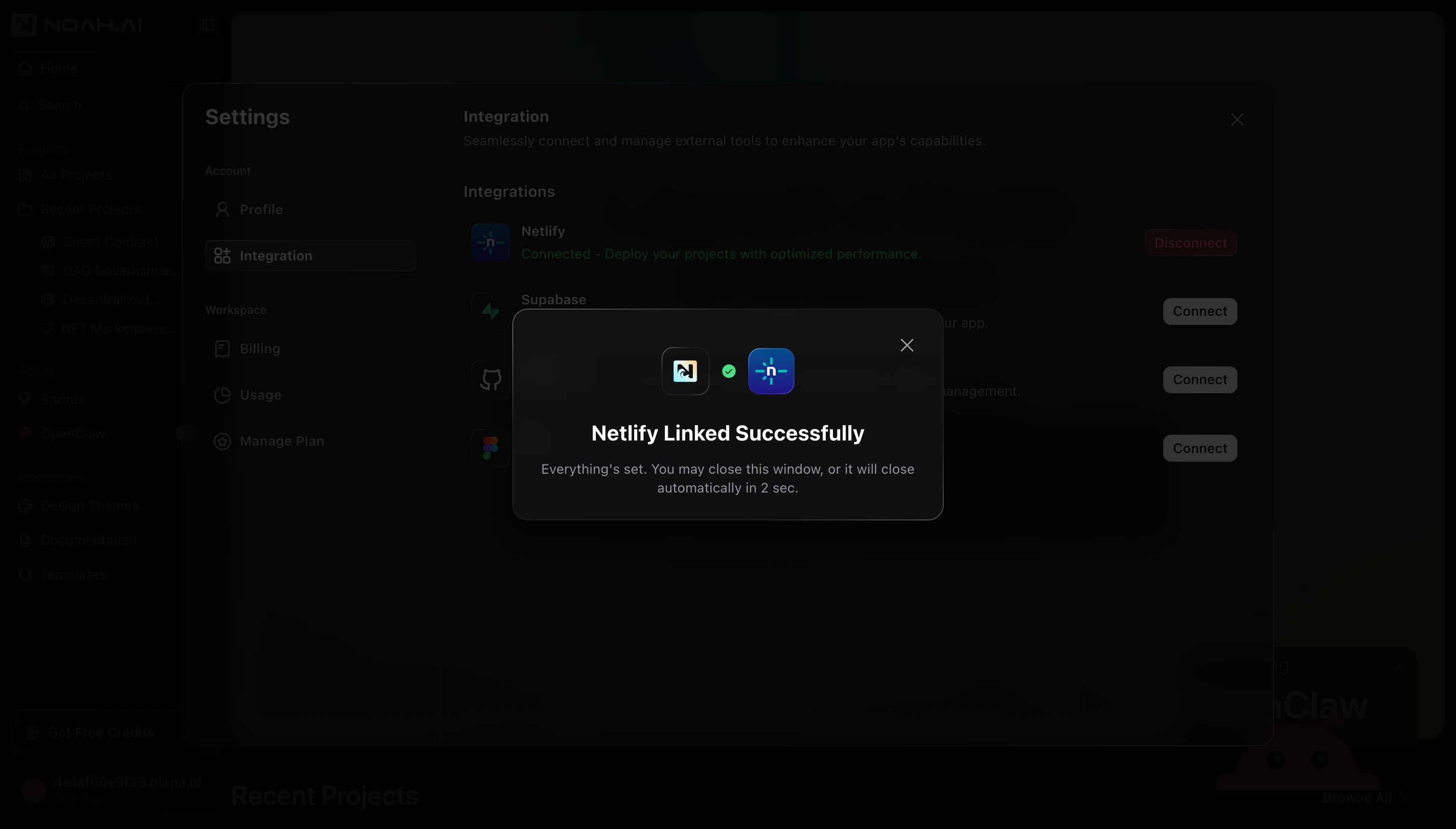 Netlify Linked Successfully confirmation dialog inside Noah