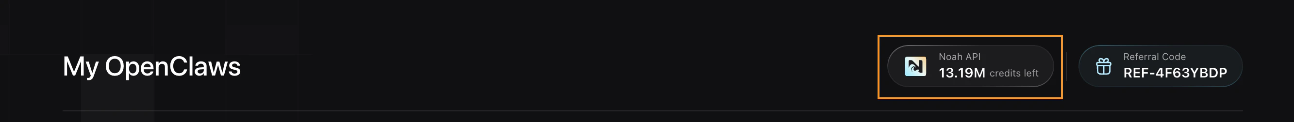 My OpenClaws dashboard showing credits balance