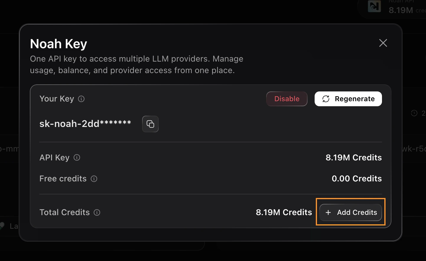 Noah Key modal with credits and Add Credits button