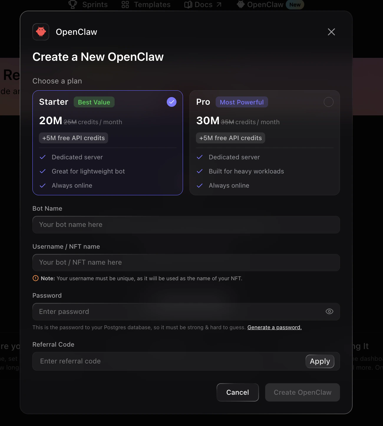Create a New OpenClaw modal