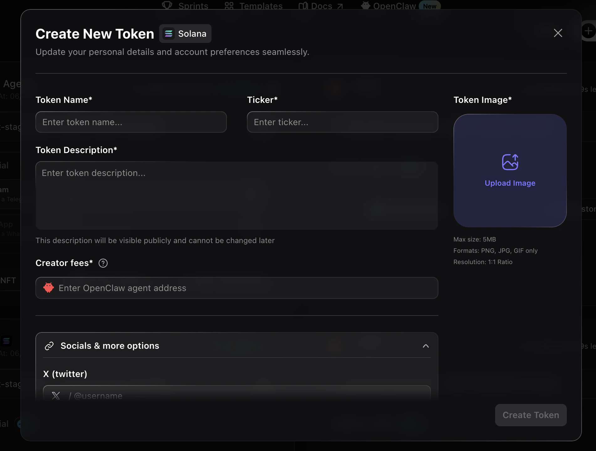 Create New Token modal