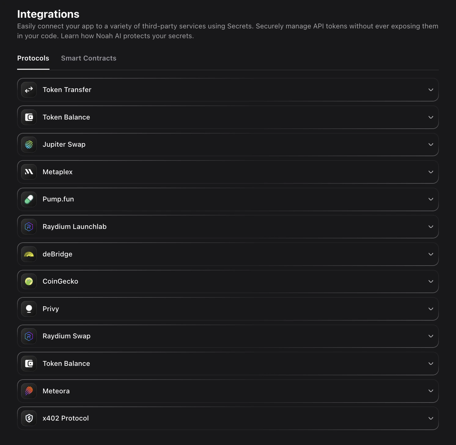 Screenshot showing all available protocol integrations in the protocols tab