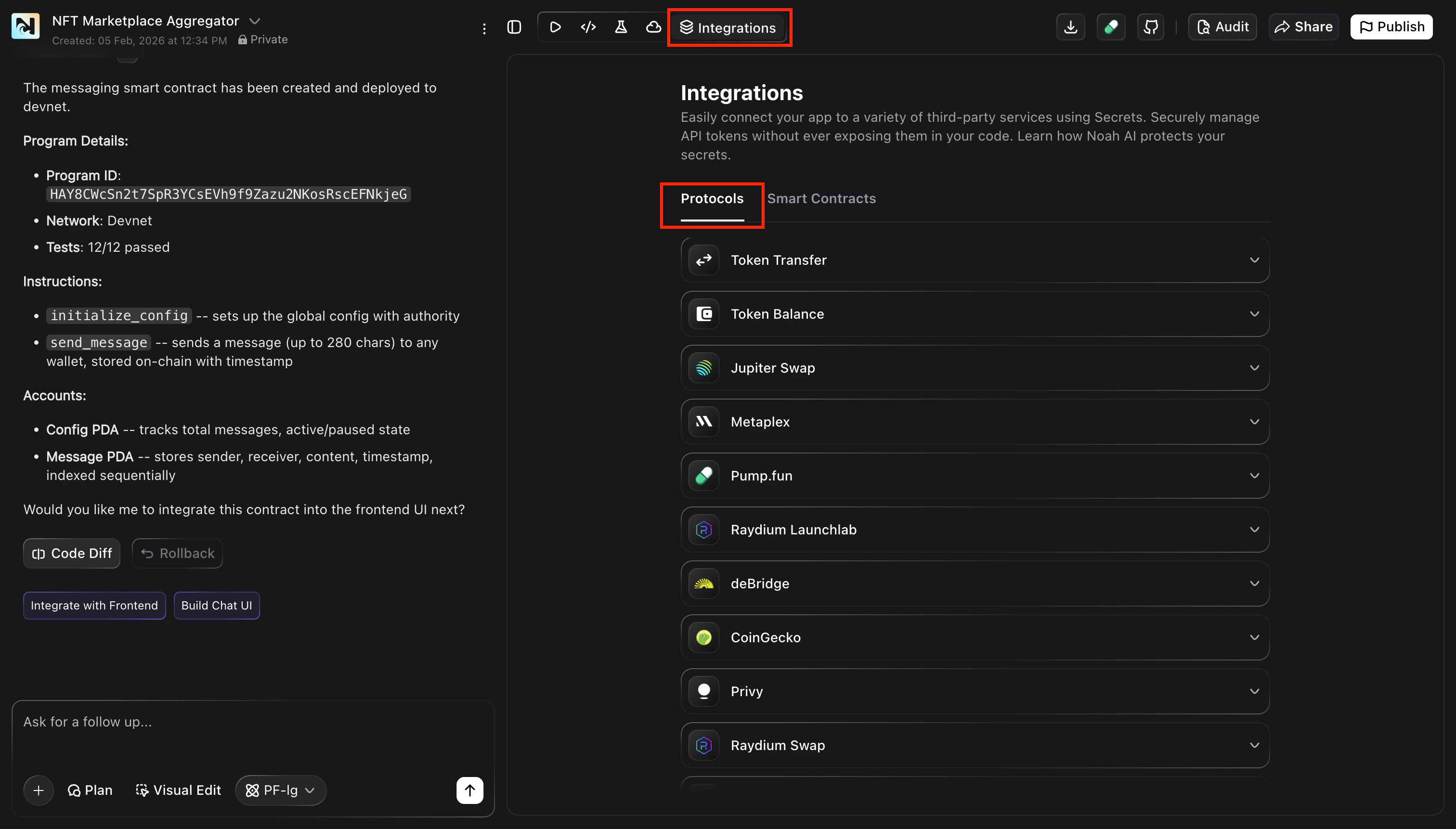 Screenshot showing the Integrations screen with the Protocols tab selected and available protocol integrations listed
