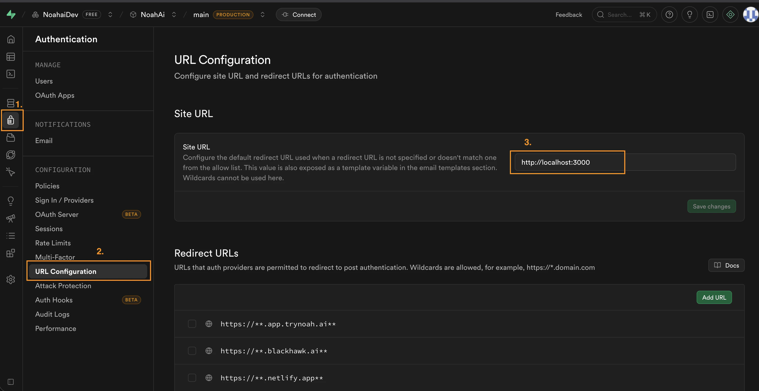 Supabase Authentication URL Configuration page showing Site URL and Redirect URLs