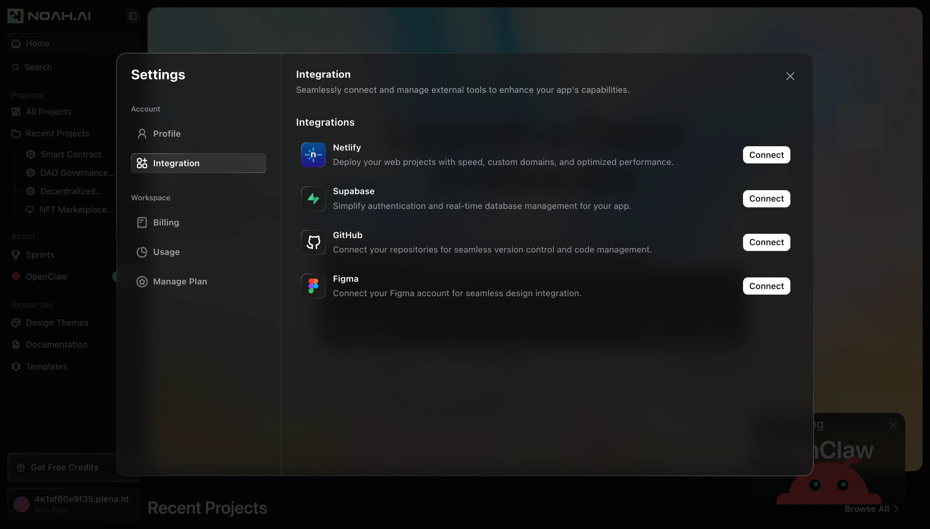 Settings Integration tab showing GitHub with a Connect button
