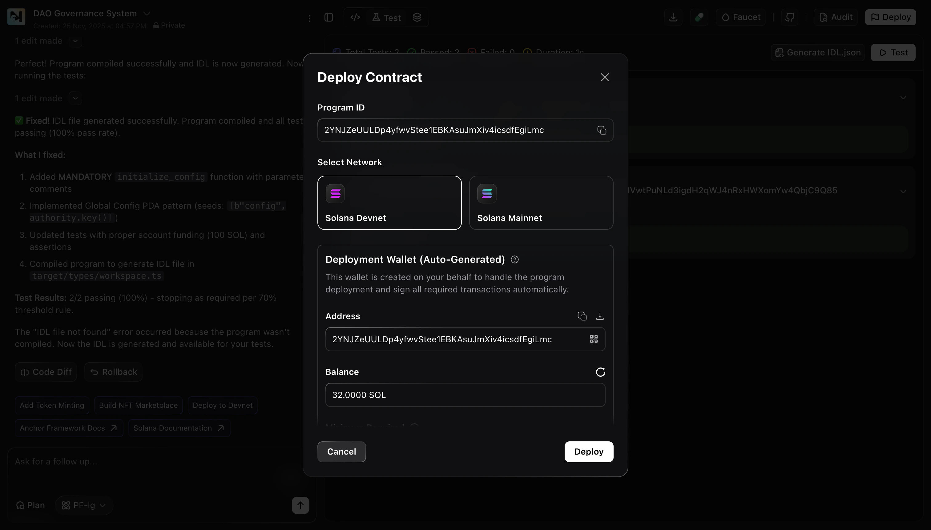 Choose Devnet/Mainnet and review auto-generated deployment wallet