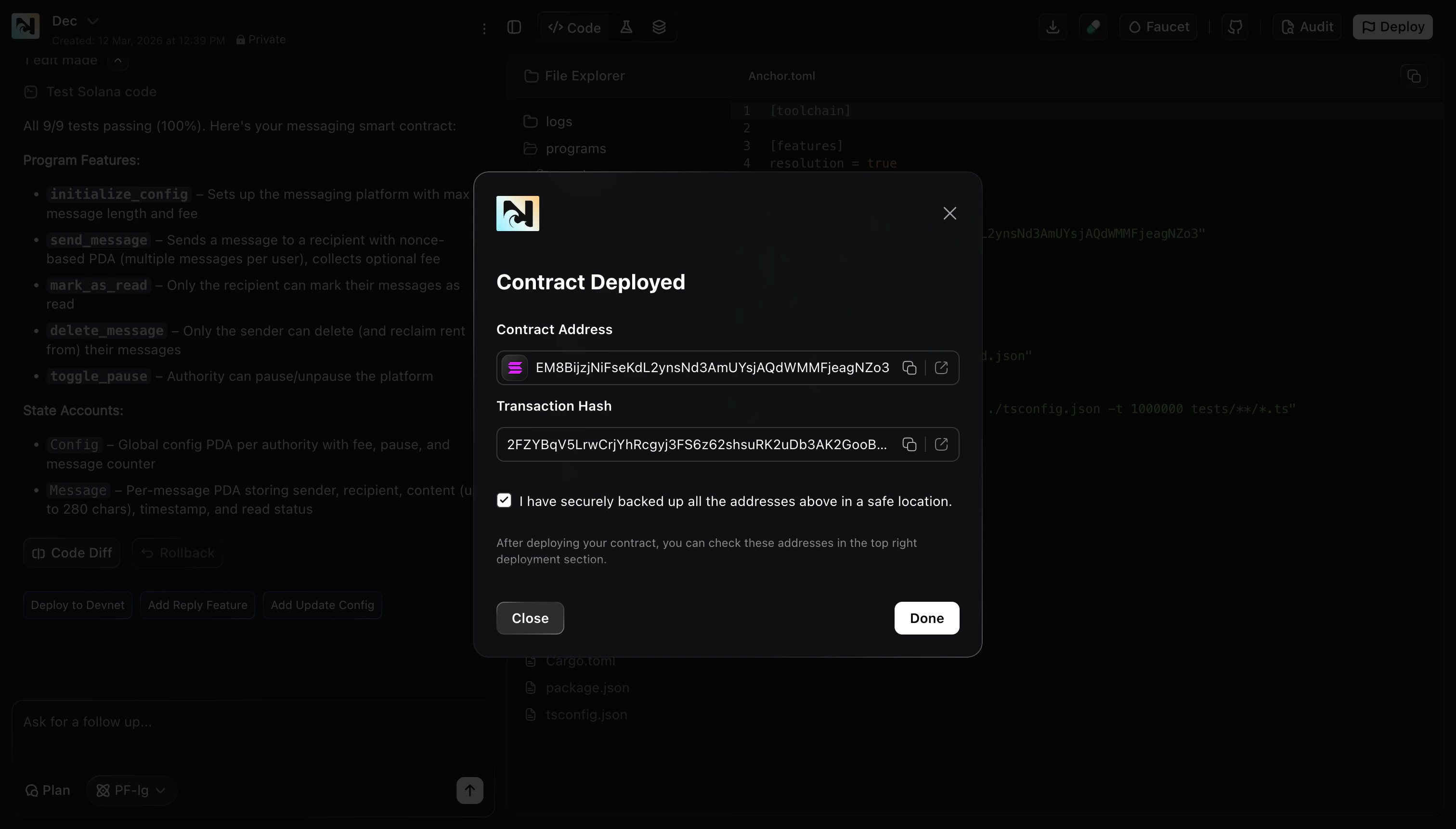 Contract deployed modal showing contract address and transaction hash
