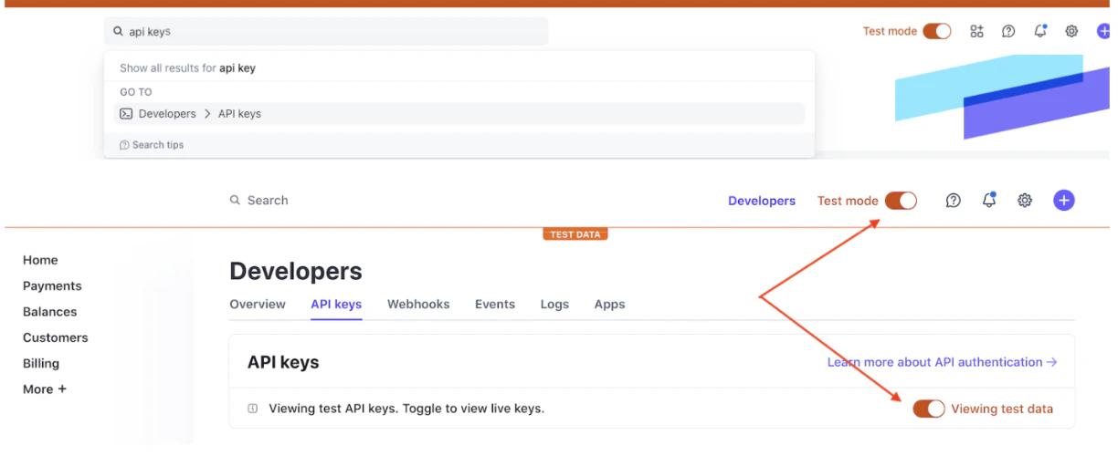 Stripe Dashboard showing the Developers section with Webhooks tab and Create an Event Destination button