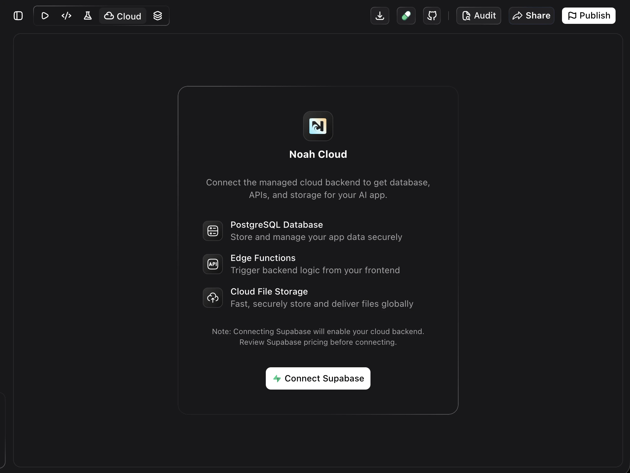 Screenshot showing the Noah Cloud tab with PostgreSQL Database, Edge Functions, and Cloud File Storage options