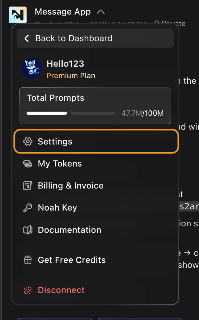Screenshot showing the project dropdown menu with Settings highlighted