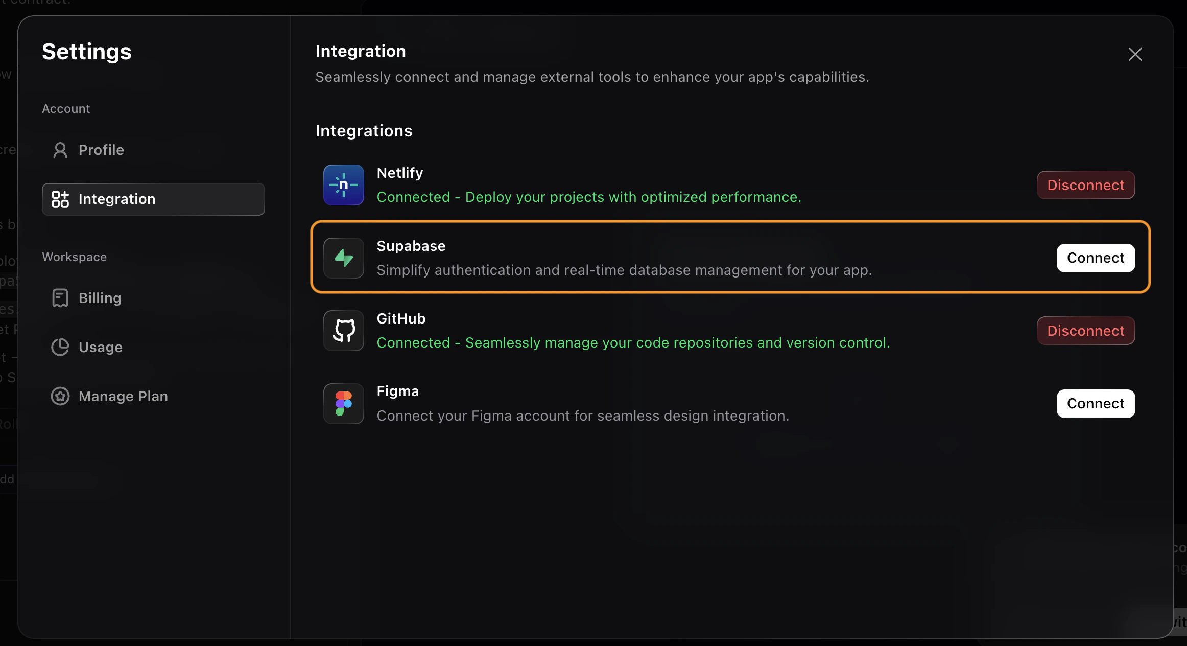 Screenshot showing the Settings Integration page with Supabase Connect button highlighted