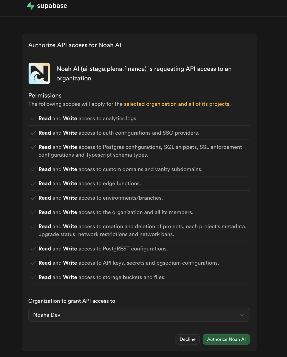 Screenshot showing the Supabase authorization page with permissions list and Authorize Noah AI button