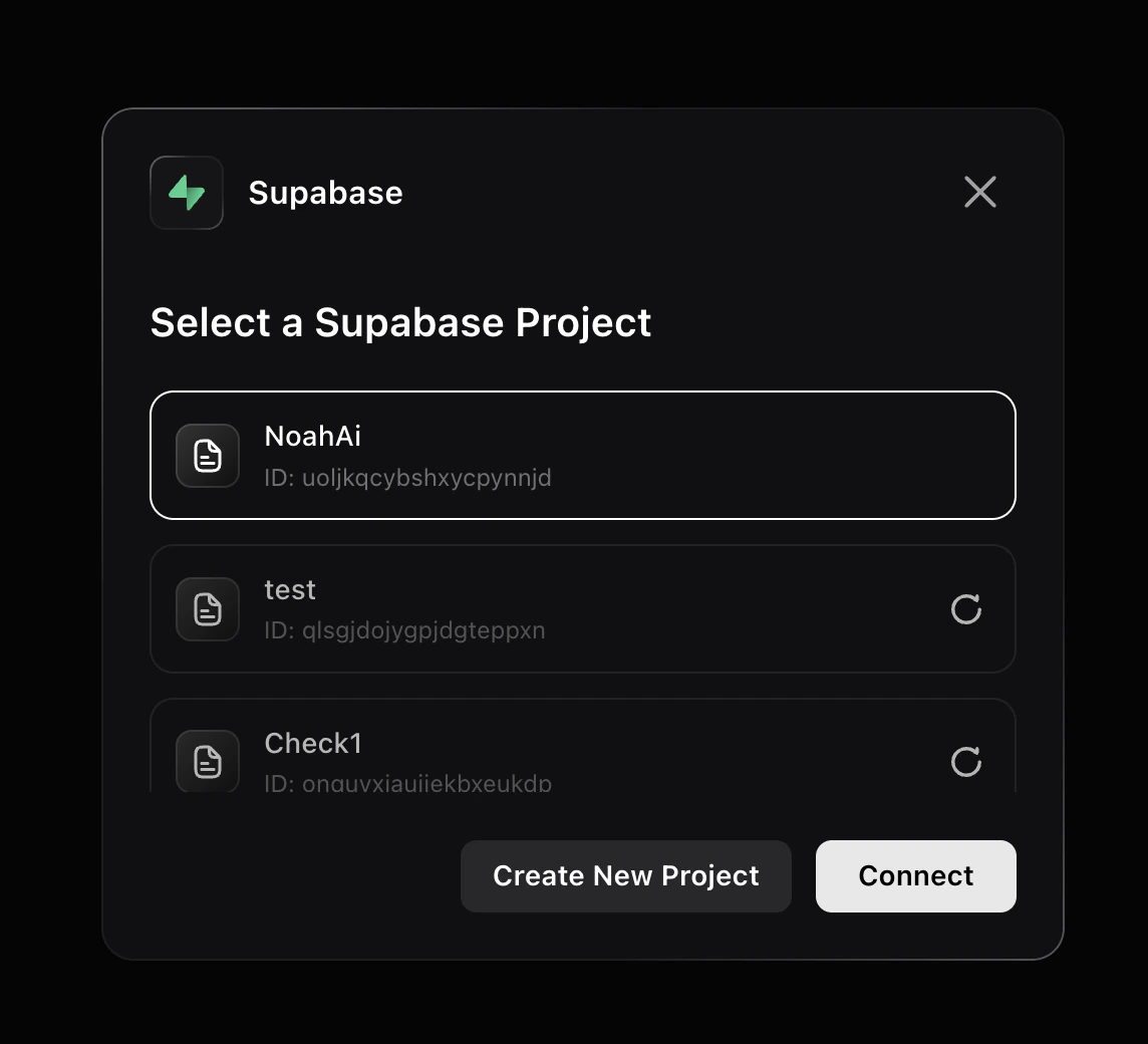 Screenshot showing the Supabase project selection dialog with existing projects listed