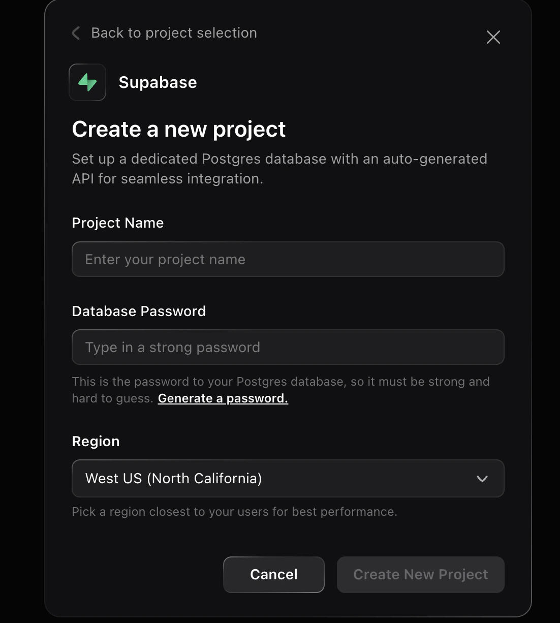 Screenshot showing the Create a new project form with Project Name, Database Password, and Region fields