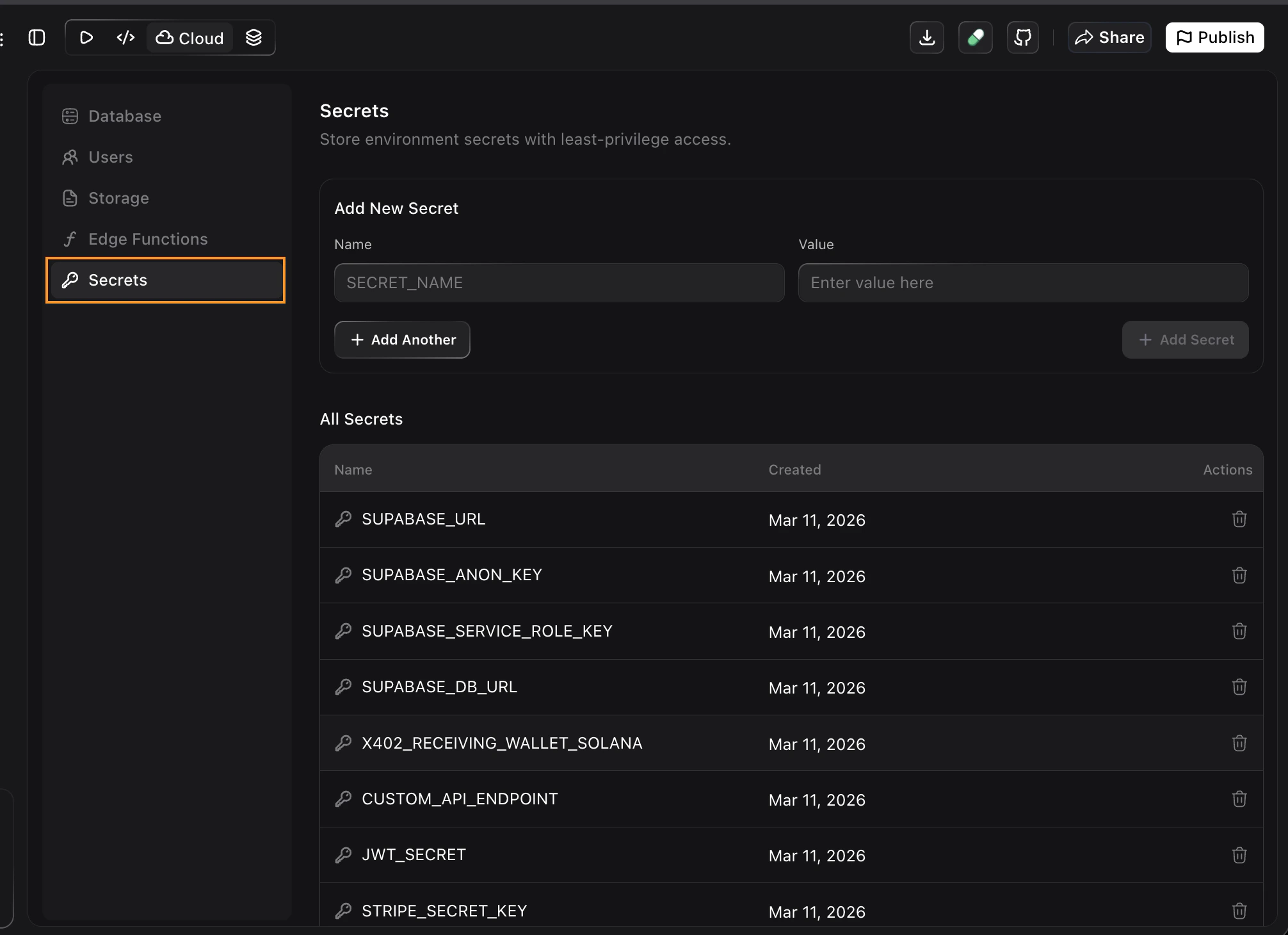Noah Cloud tab showing Secrets panel with Add New Secret form and list of all stored secrets