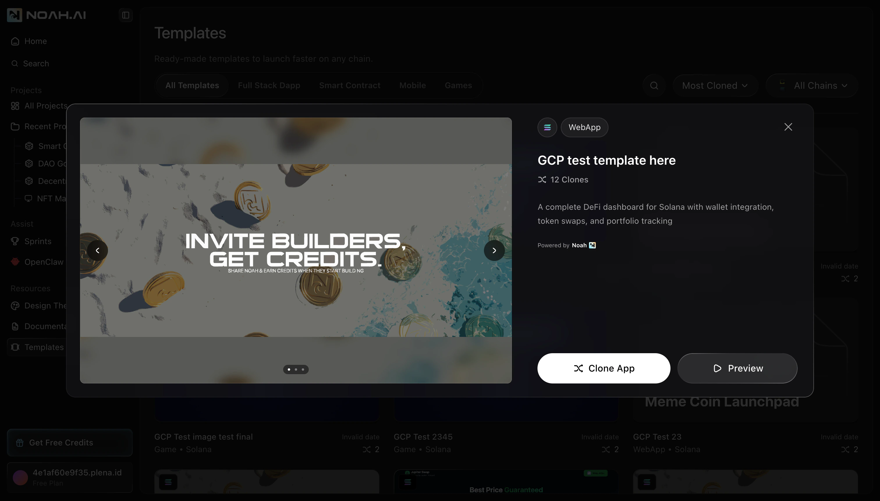 Template details dialog with large preview image, description, Clone App and Preview buttons