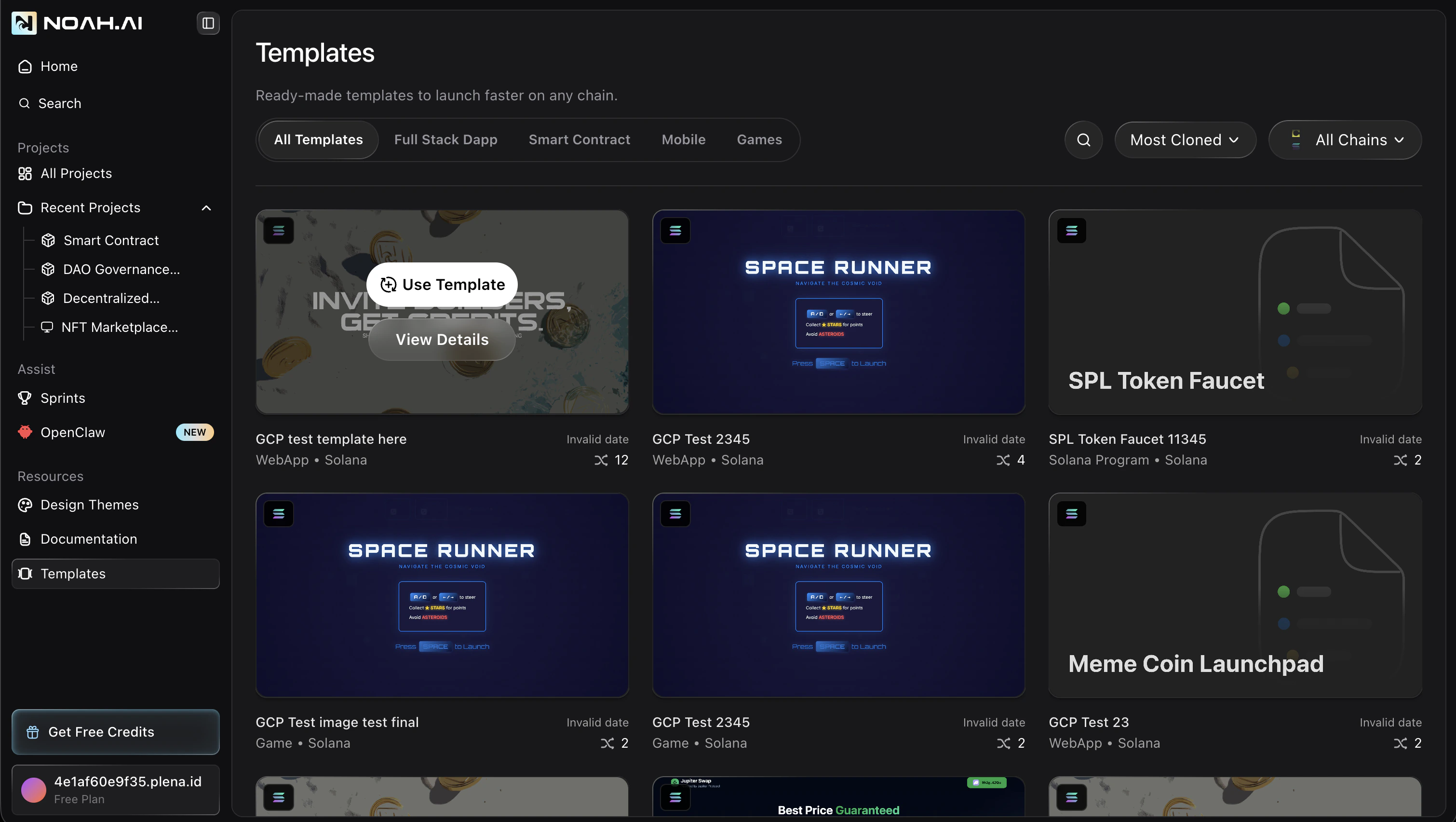 Templates page showing template cards with category tabs, sort, and chain filters