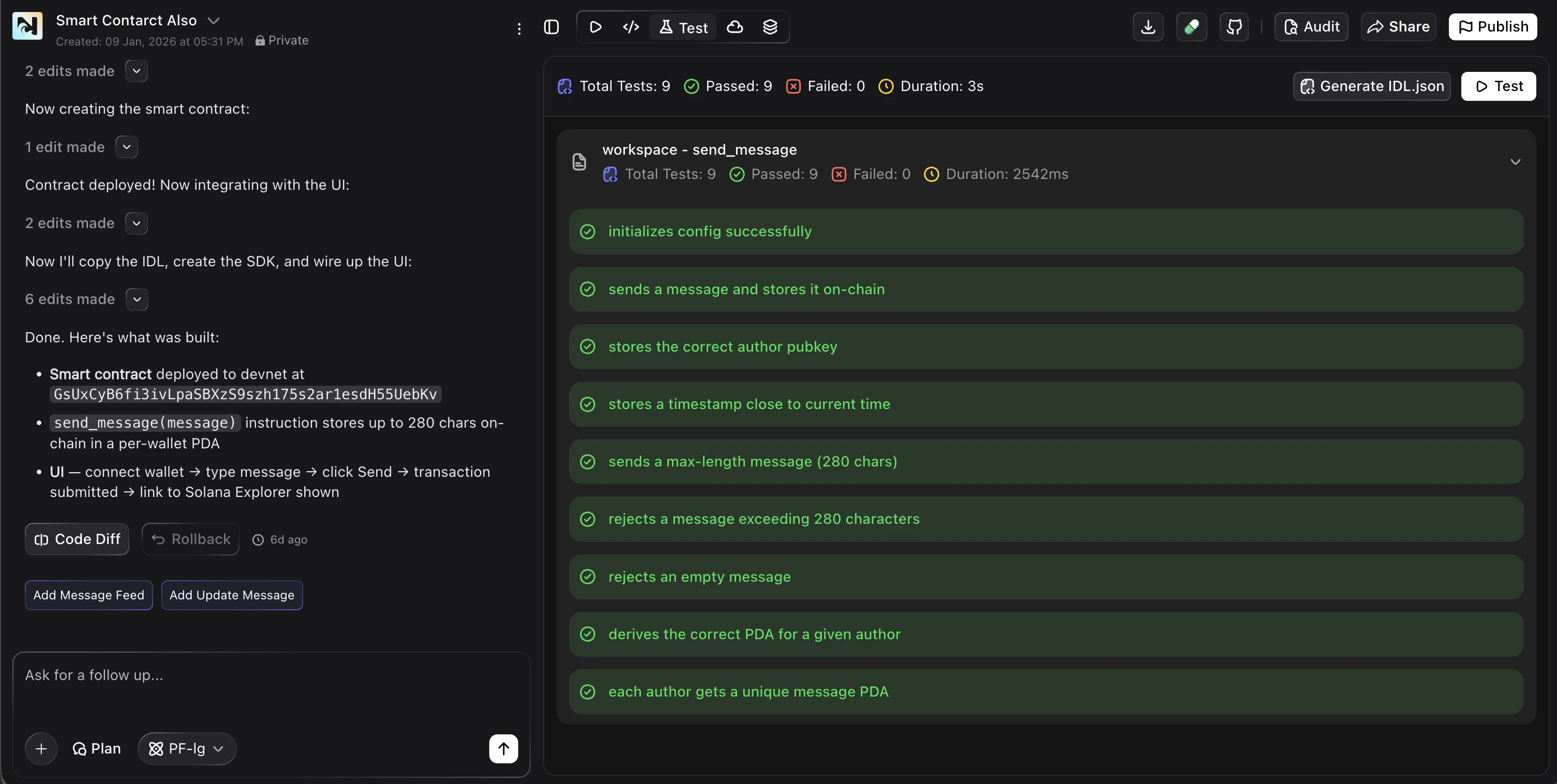 Screenshot showing Noah's test interface with 9 passed test cases for a smart contract