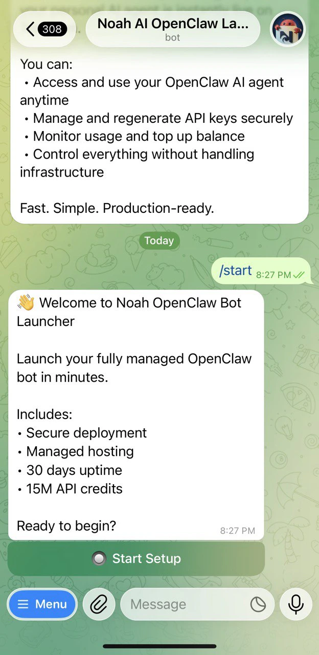 Noah AI OpenClaw Launcher welcome screen on Telegram