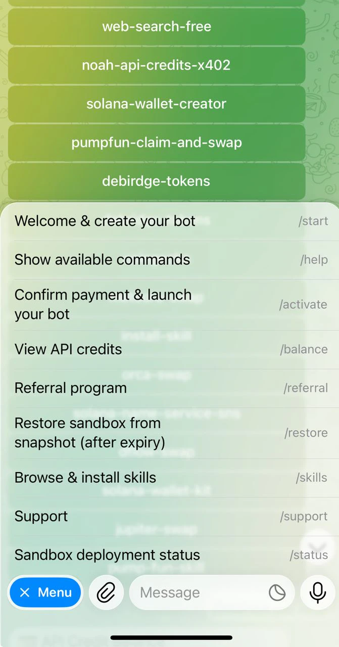 Telegram bot menu with available commands