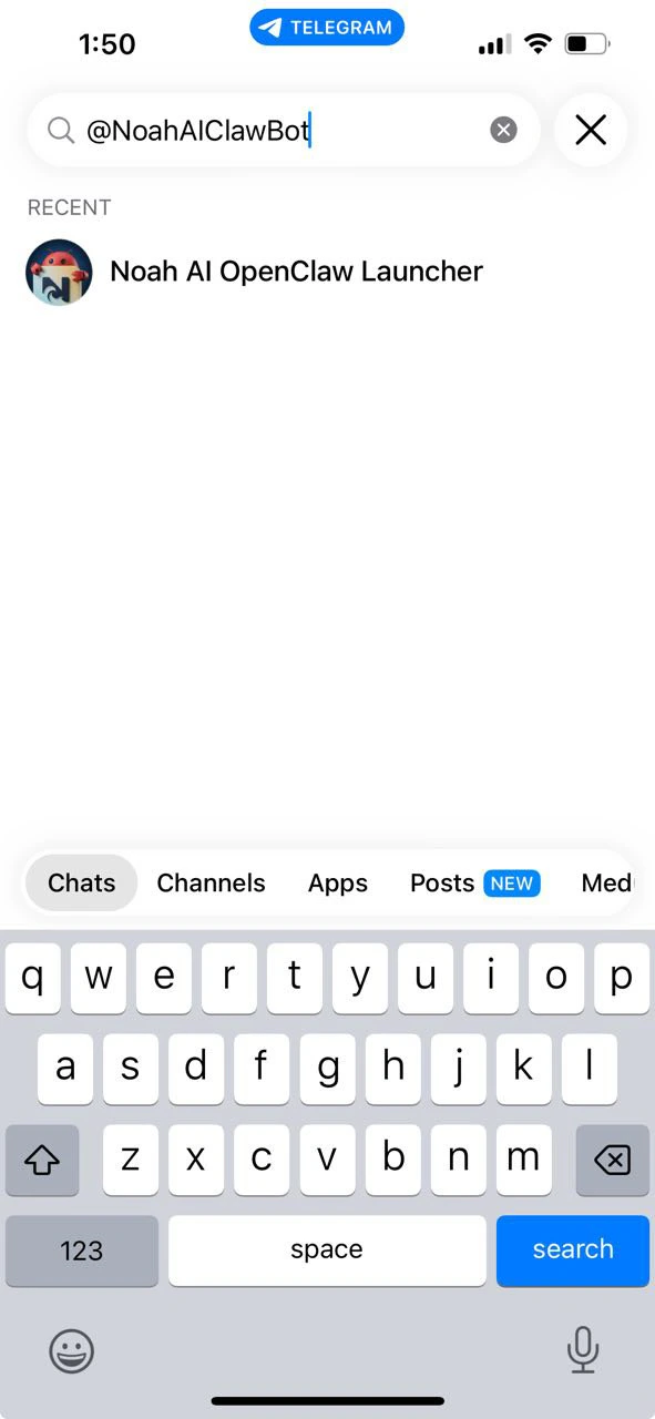 Search for @NoahAIClawBot on Telegram