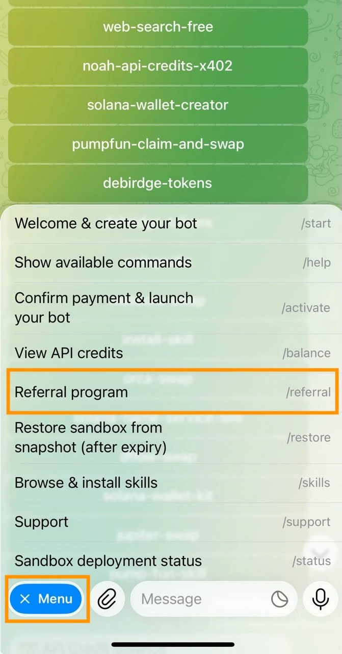Referral program command in Telegram menu