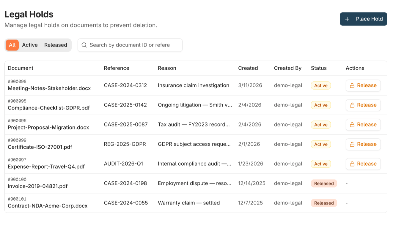 Legal holds list with the Place Legal Hold dialog open, showing the document ID, hold reference, and reason fields