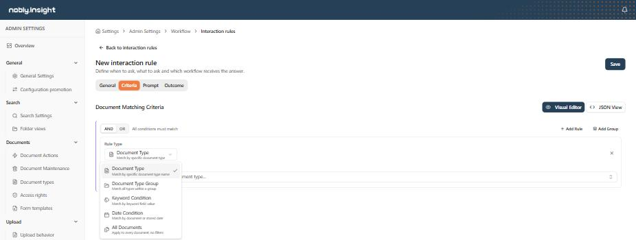 The Criteria tab of an interaction rule with the Rule Type menu open, listing Document Type, Document Type Group, Keyword Condition, Date Condition, and All Documents.