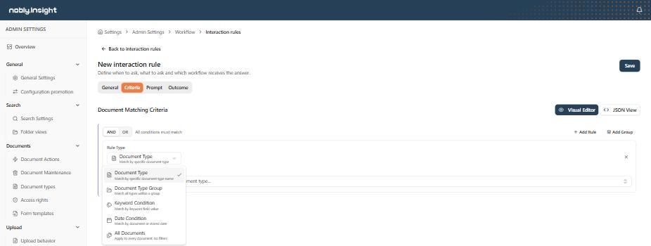 The Criteria tab of an interaction rule with the Rule Type menu open, listing Document Type, Document Type Group, Keyword Condition, Date Condition, and All Documents.