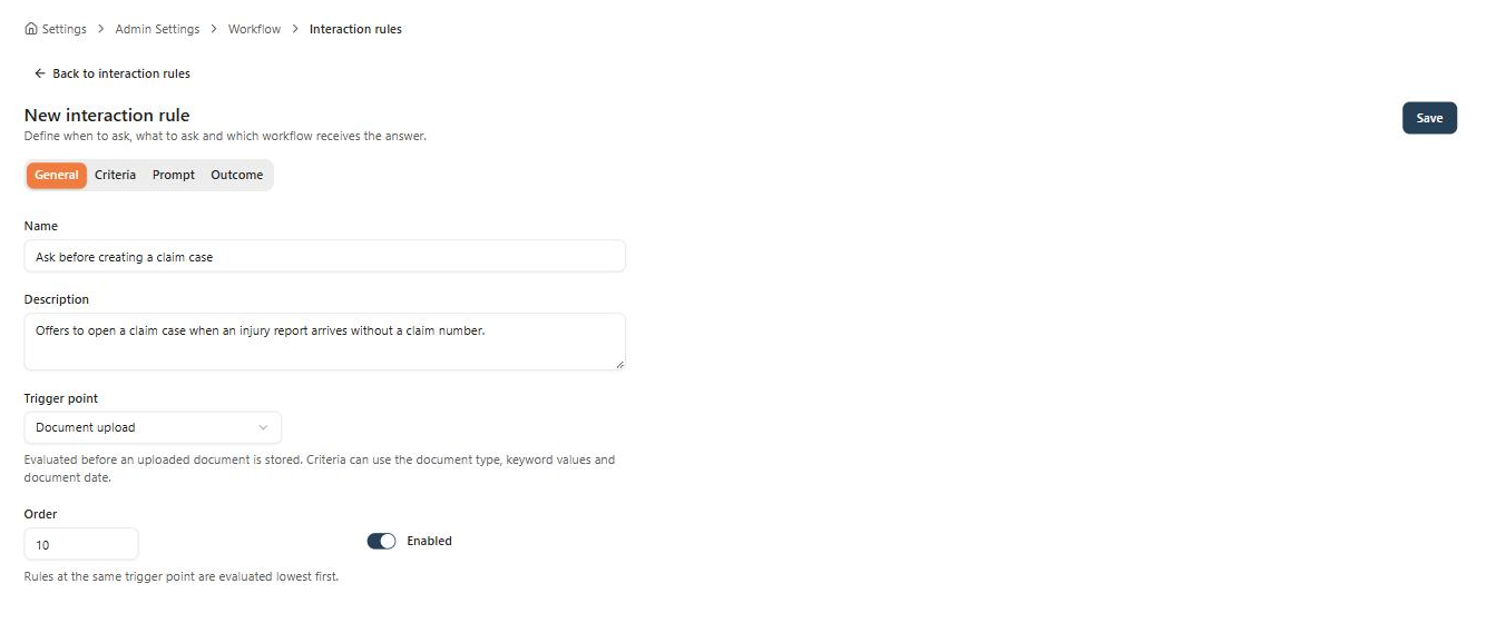 The General tab of a new interaction rule named Ask before creating a claim case, with trigger point Document upload, order 10, and the Enabled switch on.