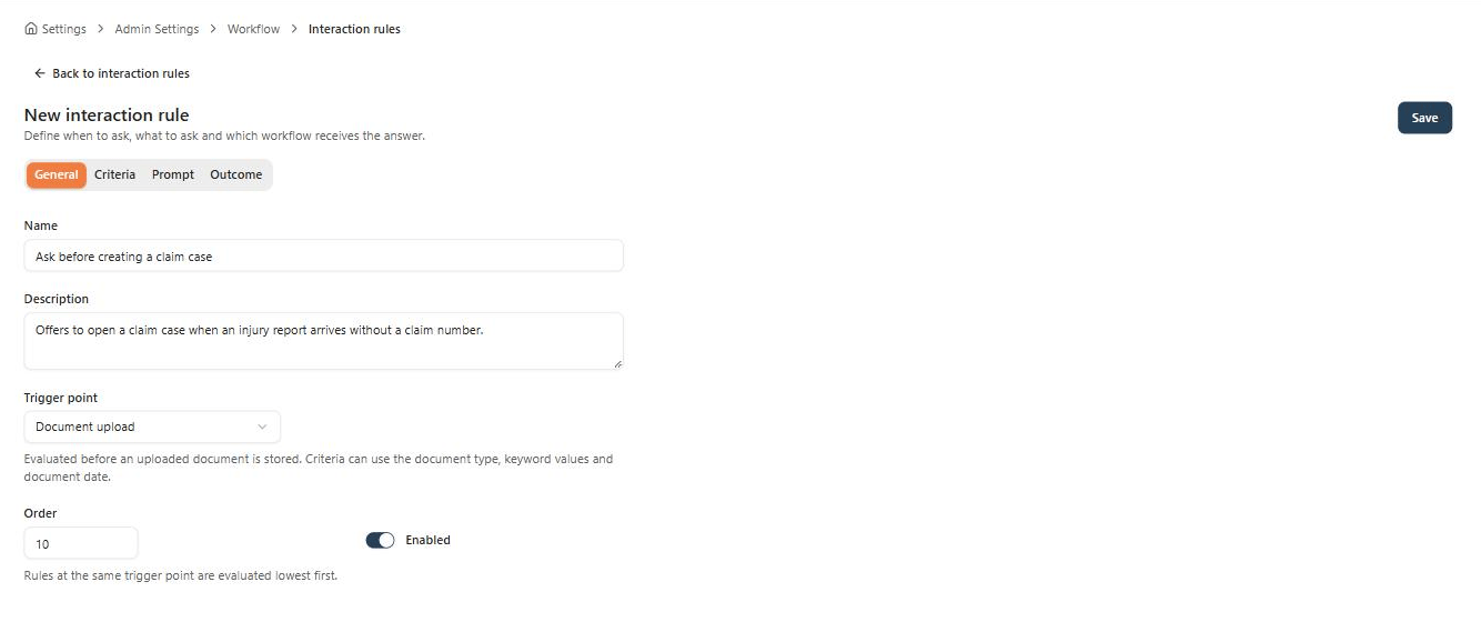 The General tab of a new interaction rule named Ask before creating a claim case, with trigger point Document upload, order 10, and the Enabled switch on.