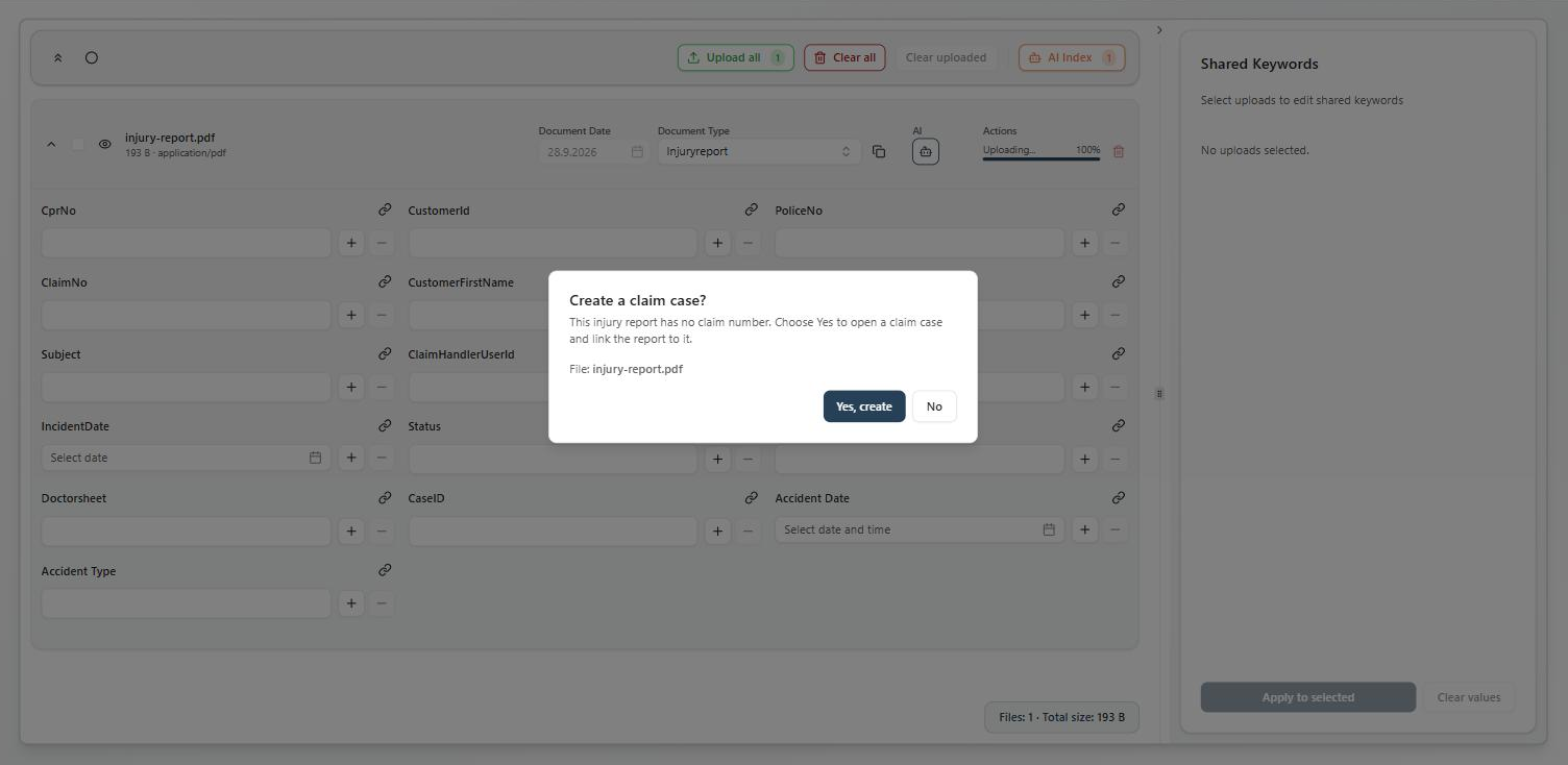 The Upload page with an injury report selected and a dialog titled Create a claim case?, showing the message, the file name, and the buttons Yes, create and No.