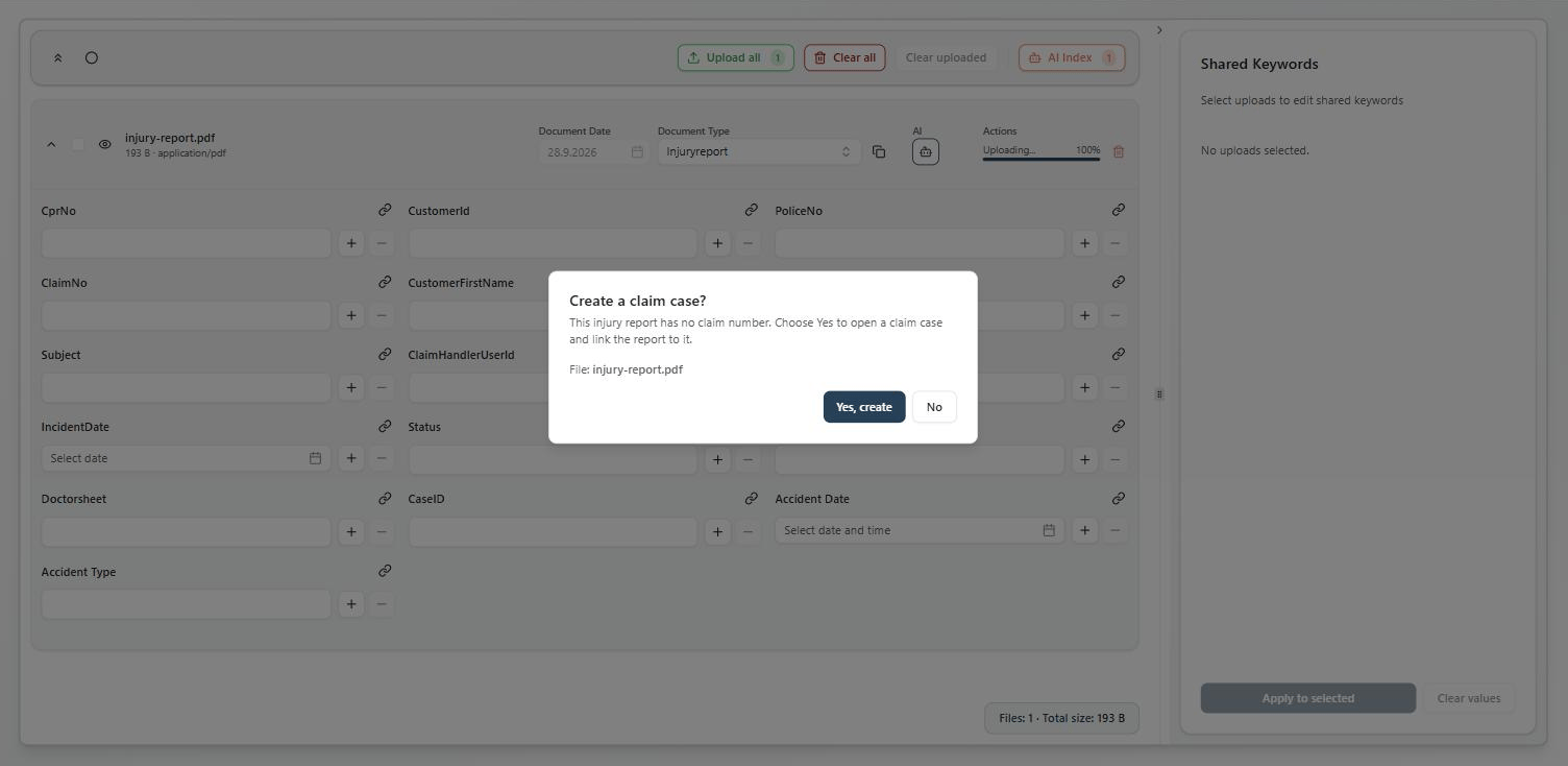 The Upload page with an injury report selected and a dialog titled Create a claim case?, showing the message, the file name, and the buttons Yes, create and No.