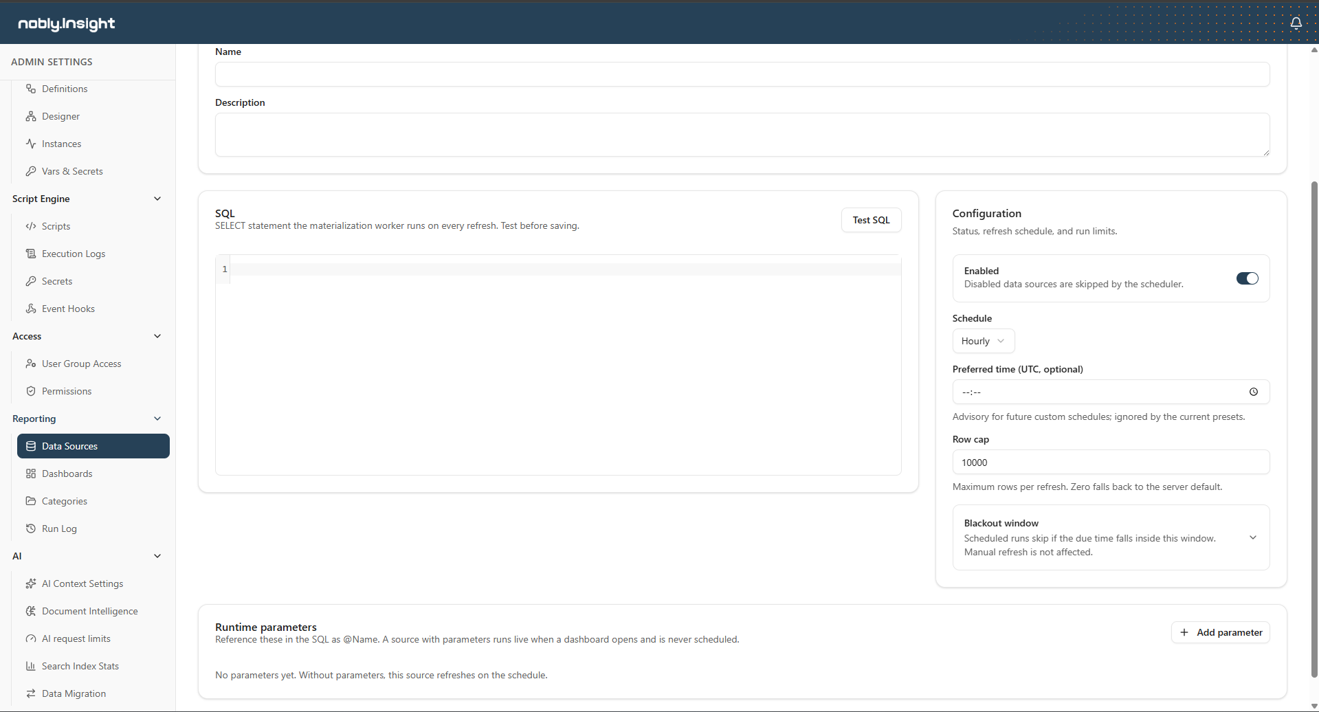 The two-pane data source editor, showing the name and description, the SQL editor with Test SQL, and the Configuration pane with the Enabled toggle, refresh schedule, preferred time, row cap, and blackout window.