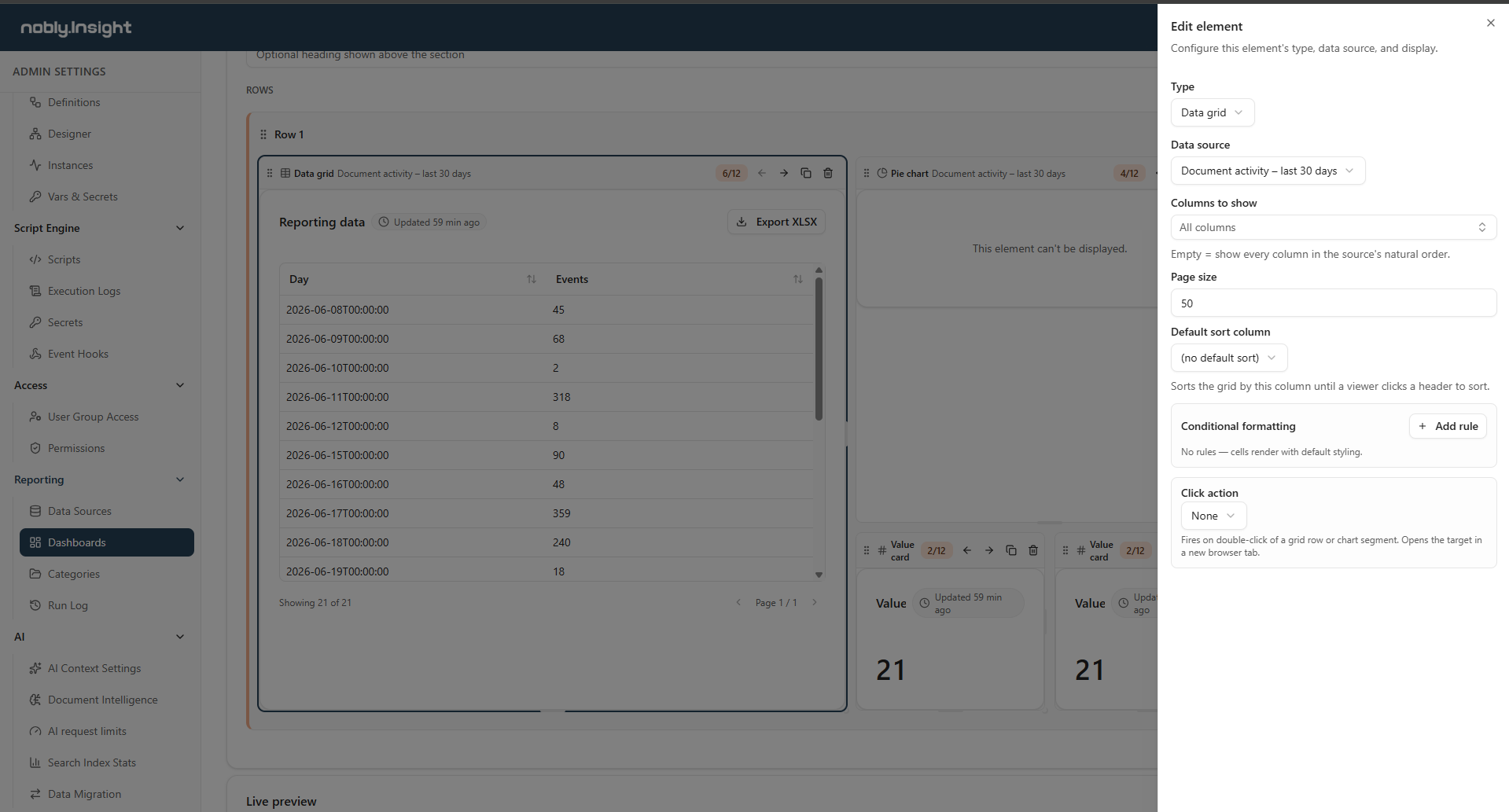The Edit element side panel for a data grid, showing the type and data source selectors and the fields for columns to show, page size, default sort column, conditional formatting, and click action.