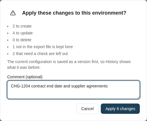 The dialog Apply these changes to this environment? listing 2 to create, 4 to update, 0 to delete, 1 not in the export file is kept here, and 2 that need a check are left out, with the comment CHG-1204 contract end date and supplier agreements and the buttons Cancel and Apply 6 changes