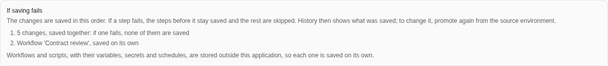 The If saving fails panel listing step 1, five changes saved together, where if one fails none of them are saved, and step 2, workflow Contract review saved on its own, with the explanation that workflows and scripts with their variables, secrets and schedules are stored outside this application
