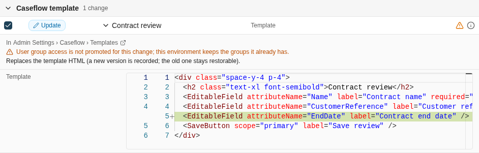 The Caseflow template Contract review opened as an update. The warning says user group access is not promoted for this change and this environment keeps the groups it already has. The effect says the template HTML is replaced with a new version recorded, and a side-by-side code view shows one added EditableField for the contract end date