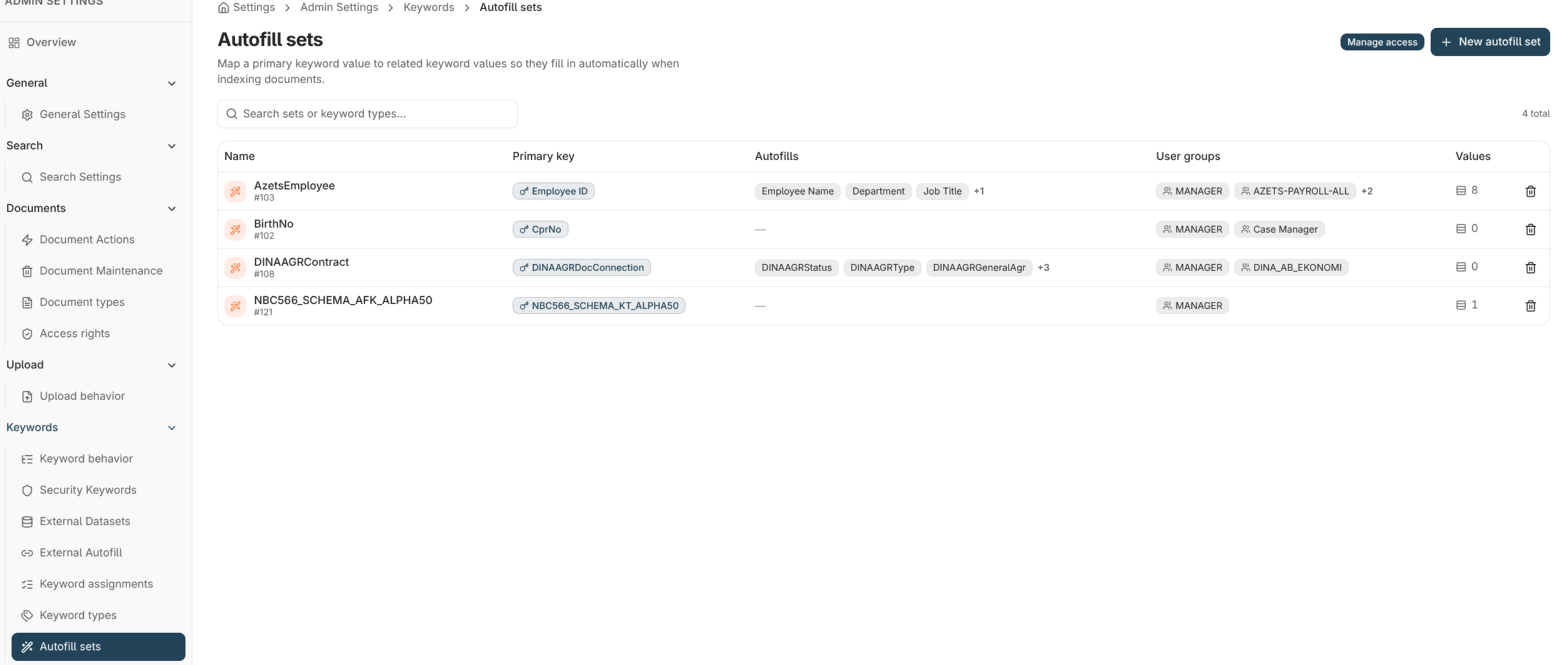 Autofill sets list showing primary keyword, autofill members, user groups, and value counts, with a New autofill set button