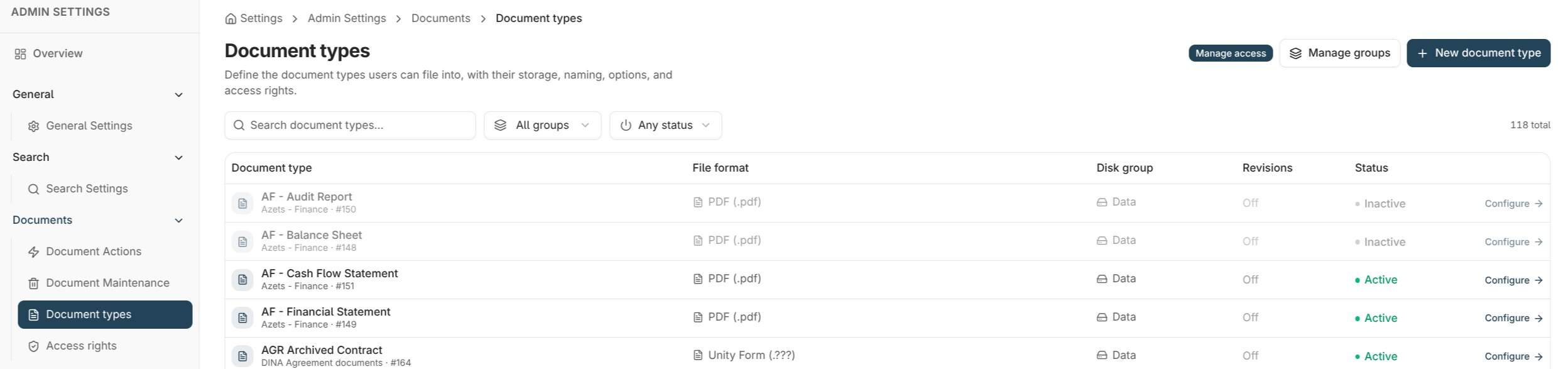 Document types list under Admin settings, Documents, with search, group and status filters and a New document type button