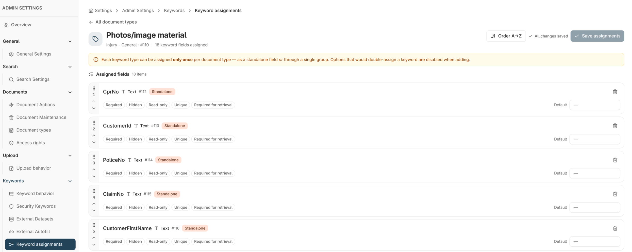 Keyword assignment editor showing each assigned keyword's required, hidden, read-only, unique, required-for-retrieval, and default value controls