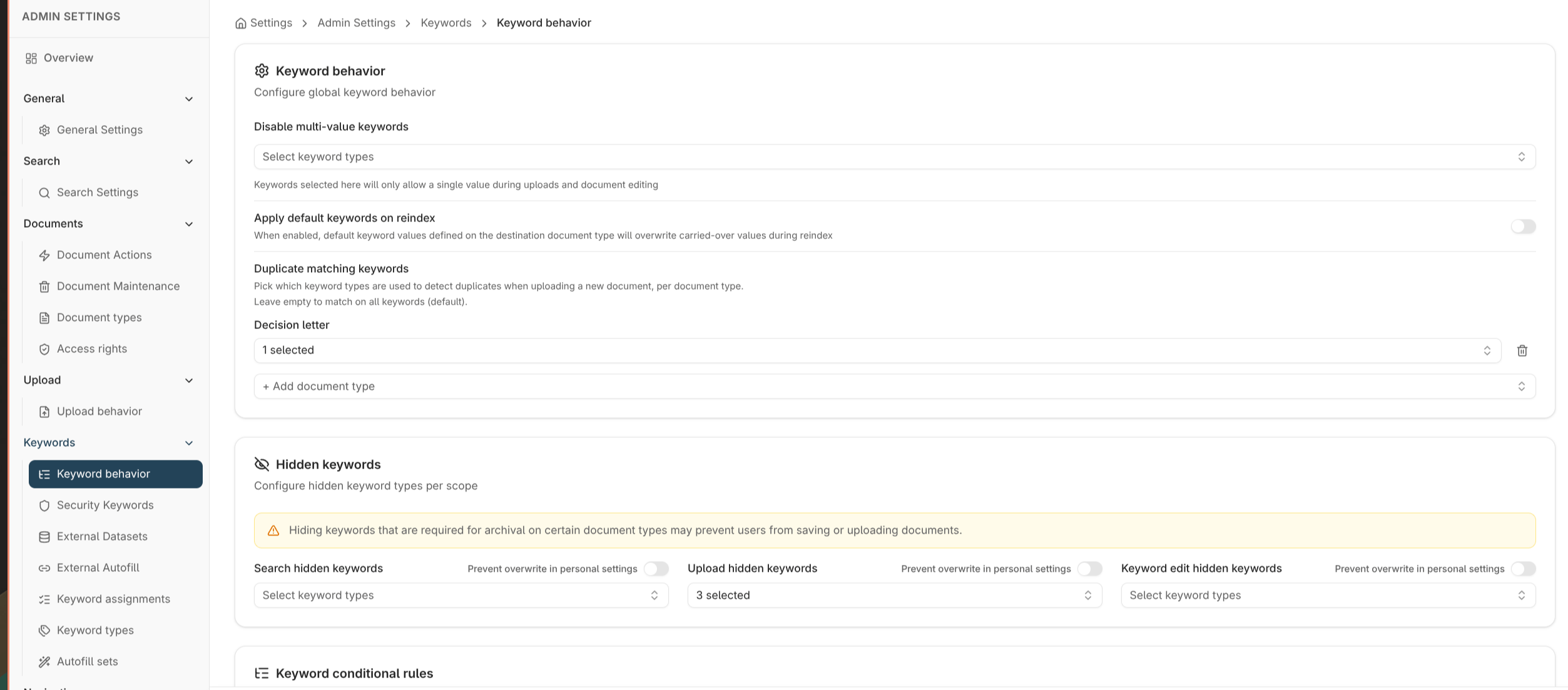 The Keyword behavior settings page showing global keyword behaviour options and keyword conditional rules