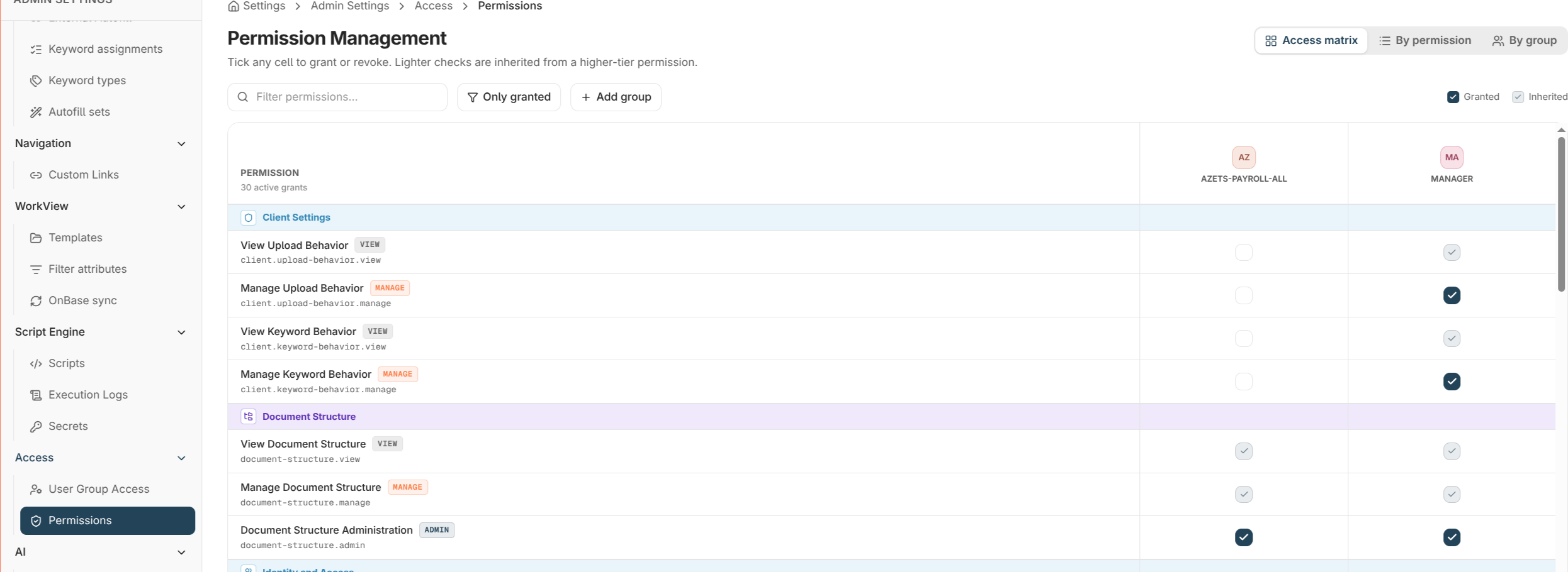 The Permissions screen showing the matrix of permissions against user groups with a save bar for pending changes