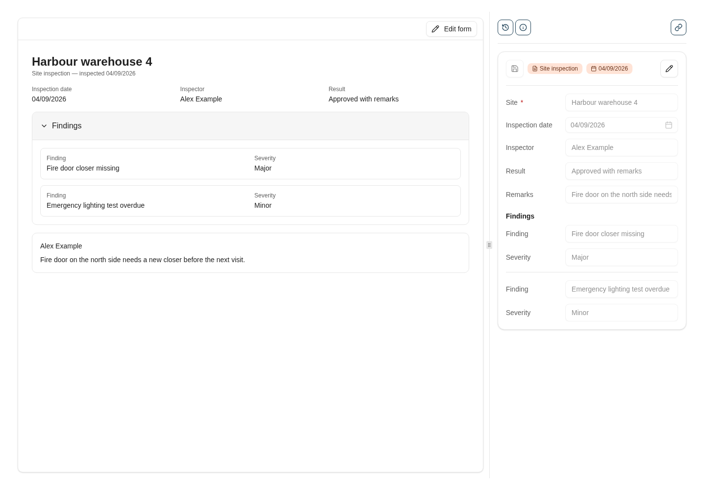 A site inspection form document rendered through its preview template beside the keyword panel