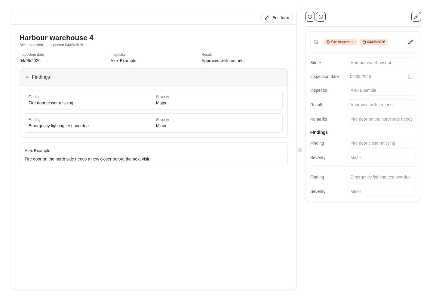 A site inspection form document rendered through its preview template beside the keyword panel