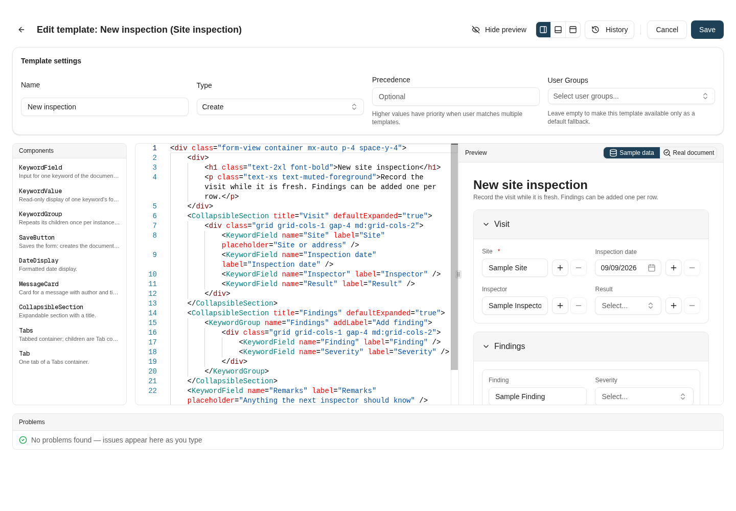 The form template designer editing a create template, with the preview on the right showing sample data