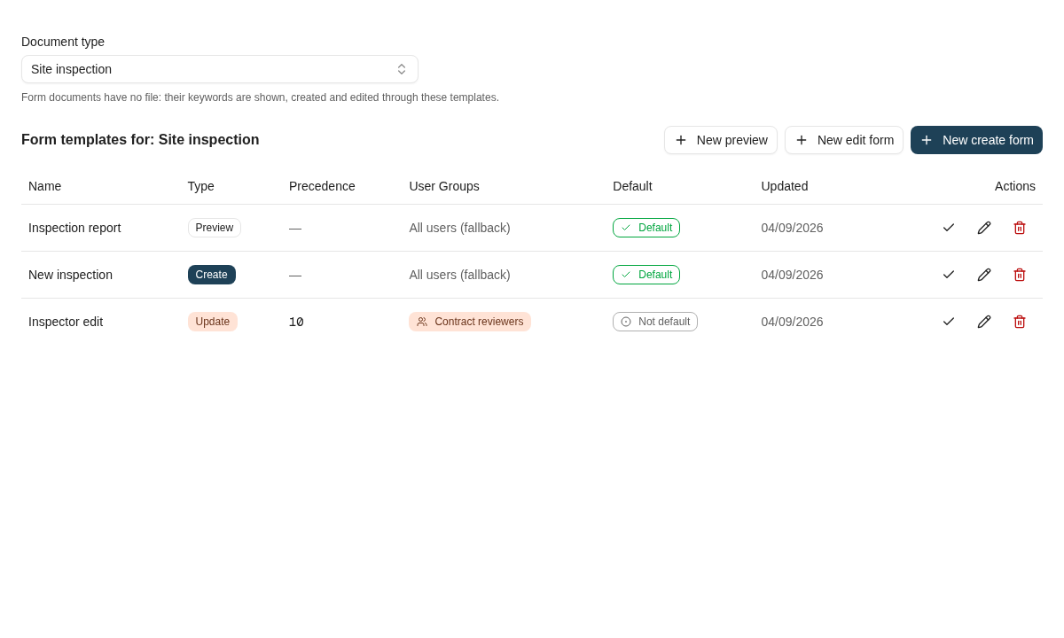Form templates list for the Site inspection document type with a preview, create and update template